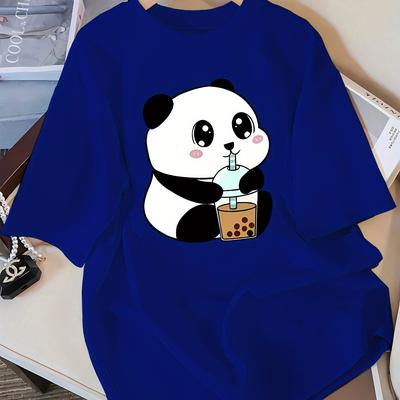 TEMU Women's Casual Panda Print Short Sleeve T-shirt - Soft Crew Neck, Black With Cute Panda & Boba Graphic, Spring/summer/fall, Casual Attire Tee | Design | Image
