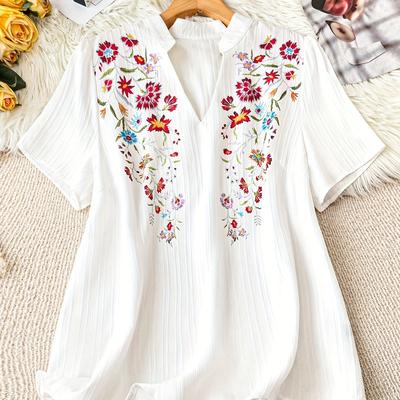 TEMU Women's Plus Size Elegant V-neck Embroidered Blouse With - Short Sleeve, Lightweight Polyester, Casual Or Outing Wear, Versatile Fashion | Floral Embroidery Shirt | Glossy Texture, Ladies Blouses Image