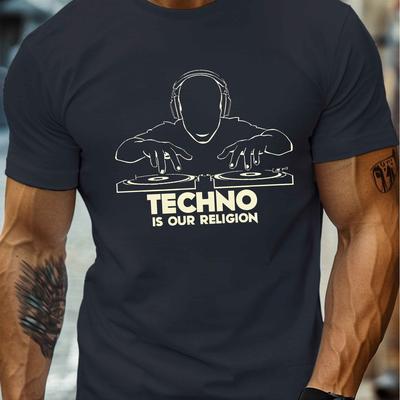"TEMU Men's "techno " Graphic T-shirt - Lightweight Summer Crew Neck Tee With Dj Headphones Design, Regular Fit Casual Top For Music Enthusiasts, Techno Shirt" Image