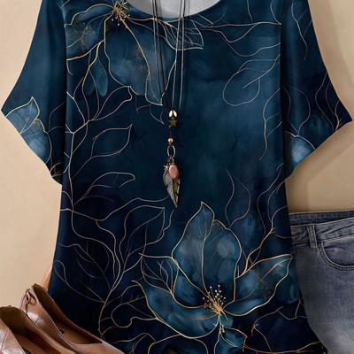 TEMU 1pc Plus Size Floral Print T-shirt For Women - Casual Round Neck Short Sleeve Top - Polyester Knit Fabric, Medium Stretch, All Fashion Image