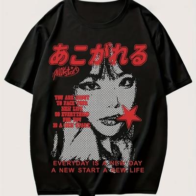TEMU Plus Size Women's Y2k Graphic Print T-shirt - Black With Red Cartoon Portrait & Japanese Text, Short Sleeve Crew Neck Casual Top, Machine Washable Fit, Versatile Clothing, Durable Fabric Image