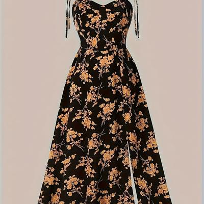 TEMU Women's Elegant Floral Print Halter Dress - Sleeveless, Spaghetti Strap, Floral Pattern, Spring/summer/fall, Adult, Casual Attire|floral Print Dress|elegant Strapless Dress Image
