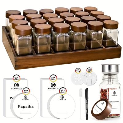 TEMU 1pc Elegant Acacia Wood Tray Spice Rack, Wooden Spice Rack With 12/24 120ml Square Spice Jars, Spice Labels, Spice Organiser, Spice Rack With Jars, Spice Storage Hot 2025 Image
