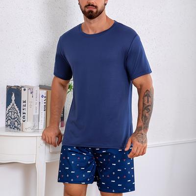 TEMU 2pcs Men's Anchor Print Short Sleeve T-shirt And Shorts Pajama Set Image