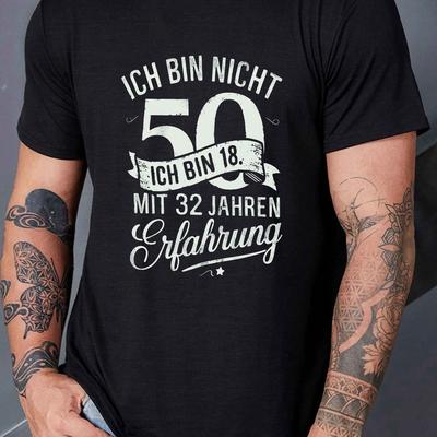 "TEMU Men's Casual Crew Neck Short Sleeve T-shirt - " Nicht 50, 18 Mit 32 Jahren Erfahrung" Funny 50th Birthday Tee, Olive Green, Polyester, Summer Essential For Adults, Plus Size" Image