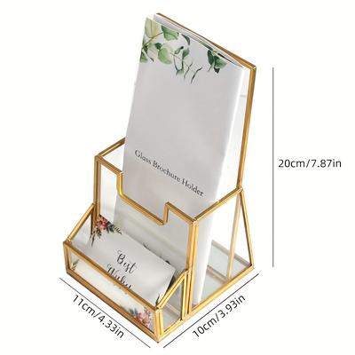 TEMU Elegant Golden Glass Brochure Stand With Business Card Holder - Modern Trifold Display For Flyers, Magazines & More - No Installation Required Image