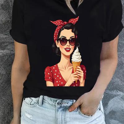 TEMU Women's Retro Polka & Ice Cream Graphic T-shirt - Black Casual Short Sleeve Round Neck Top, Breathable Stretchy Fabric For , Machine Washable Sporty Tee, Ladies T Shirts, Nostalgic Design, Image