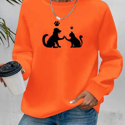 TEMU Women's Casual Print Pullover Sweatshirt - Vibrant Red With White Animal Graphic, Cozy Round Neck Long Sleeve, Machine Washable Autumn Winter For Pet Lovers, Comfortable Clothing, Durable Fabric Image