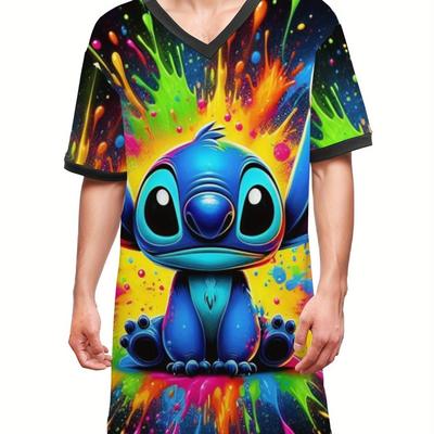 TEMU Stitch Pajamas Men's Minimalist Style Casual Sleep Dress Comfortable Short Sleeve V-neck T-shirt Breathable Fabric Hoodie Loungewear High-quality Irregular Hem Long Nightgown And Bathrobe Image