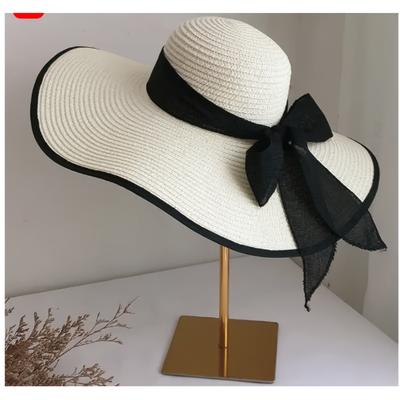 TEMU Elegant Women's Wide Brim Straw Sun Hat With Black Ribbon Bow - Breathable & Stylish Beach Cap For , Hand Washable, Multiple Colors , Beach Accessorie Image