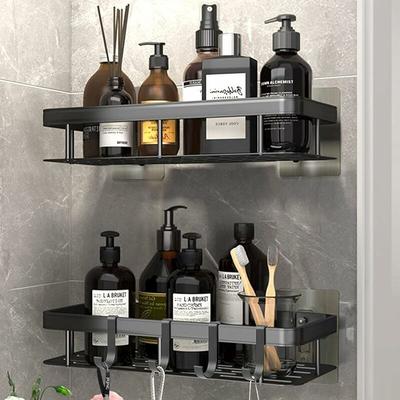 2er-Set Duschregal ohne Bohren, Badezimmer-Wandregal aus Aluminium mit 4 Haken, selbstklebende Image