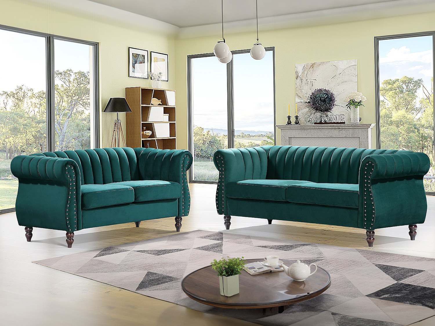 Divani Chesterfield 3 posti e 2 posti in Velluto Verde smeraldo - TRUMBO
