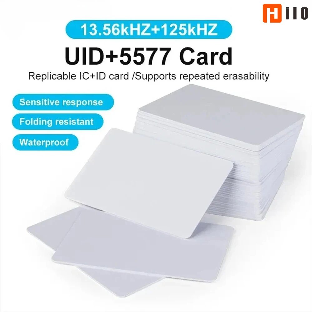 10 Stück Dual-Frequenz-RFID 13,56 MHz UID + 125 kHz T5577 wiederbeschreibbare weiße Karten Zugangskontrolle Dual-Chip-replizierbare Verbund-Tags Image