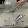 Liyke 2025, neue Mode, Plexiglas, Klare Keile, Hausschuhe, PVC, Sandale, Straße, sexy Karree, High Heels, transparente Schuhe, Damen, Silber