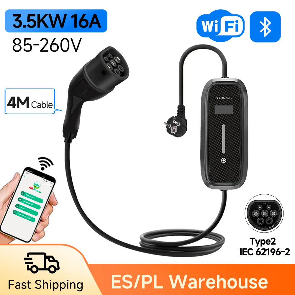 GEARELEC 16A 3,5kW EV Tragbares Ladegerät Typ2 Kabel 220V EVSE Ladewandkasten Autoladegerät für Elektrofahrzeuge WiFi APP-Steuerung Image