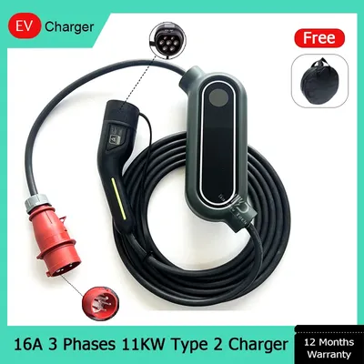 Tragbares EV-Ladegerät, Typ 2, EU-Buchse, 5 m Kabel, 16 A, 11 kW, 3 Phasen, Elektrofahrzeug, AC, EV-Autoladegerät, verstellbar