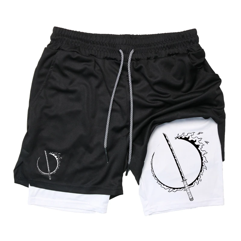 2-in-1-Workout-Laufshorts mit Schwert-Grafikdruck für Herren, sportliche, schnell trocknende Shorts mit Handytasche, Sommer-Gymnastik-Shorts, Activewear Image