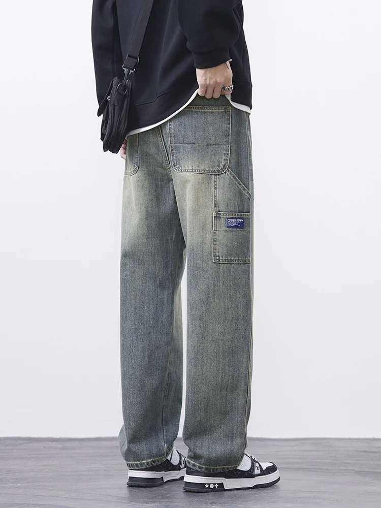 Personal isierte Spleißen Vintage Jeans Herren koreanische Mode gerade lässige Cargo hose männlich große Tasche lässige Jeans hose