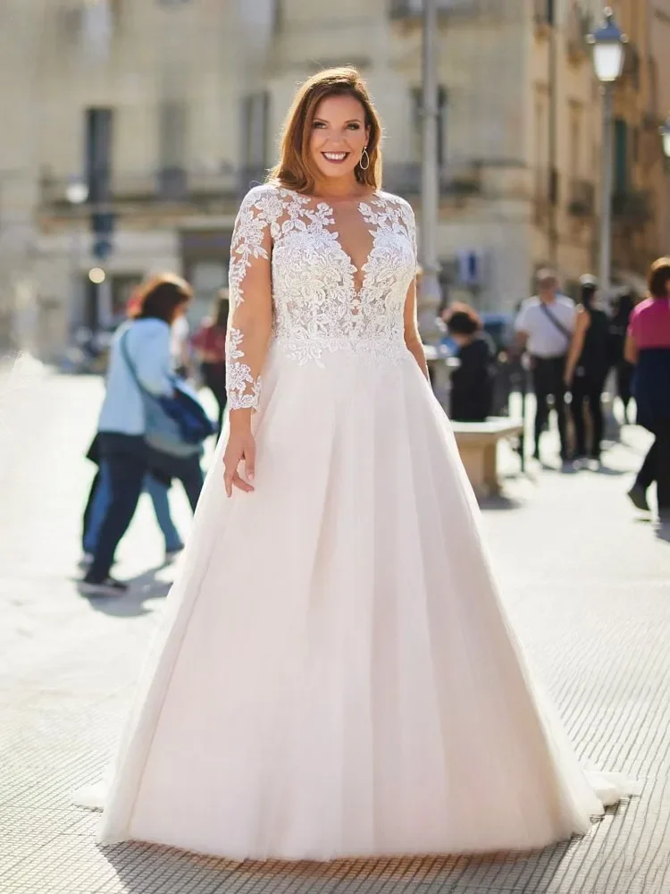Plus Größe Sheer O-ansatz Brautkleider für Frauen Applikationen Lange Ärmel Boho Bodenlangen Brautkleid Elegante Vestido De Novia