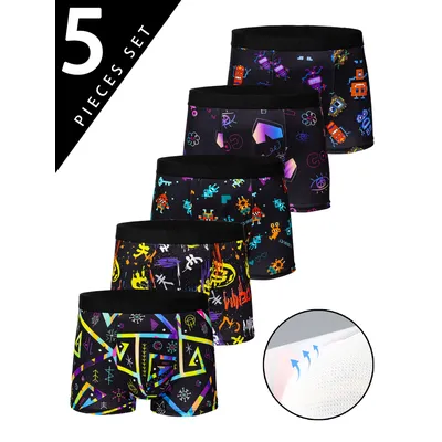 5 Stück trendige Herren-Boxerunterwäsche mit Graffiti-, Pixel- und Cyberpunk-Print, bequemer und lässiger und modischer Boxer Image