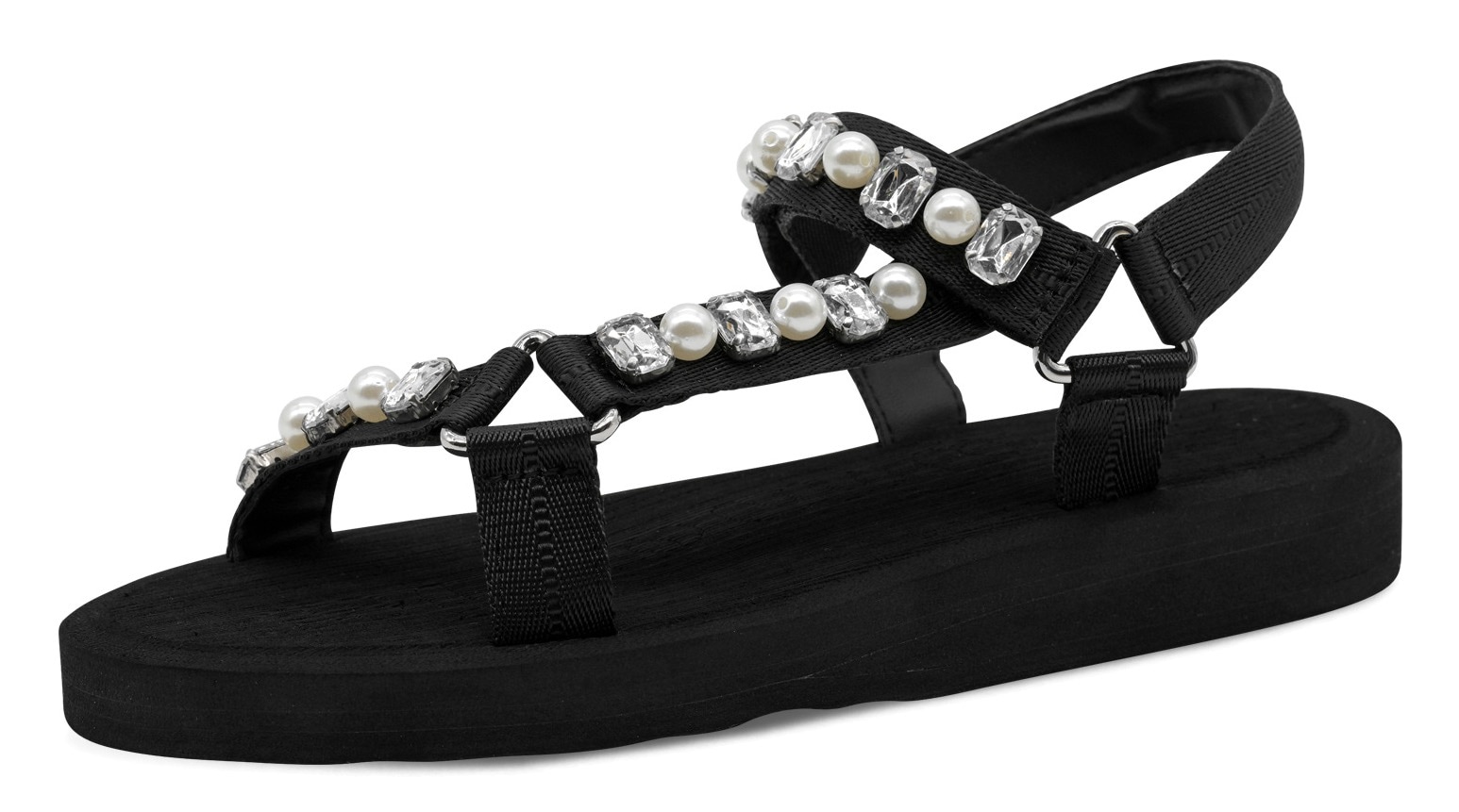 Riemchensandale TAMARIS, Damen, Gr. 39, schwarz, Textil, Schuhe Riemchensandale, Keilabsatz, Plateau, Sandalette, Sommerschuh mit Schmucksteinen