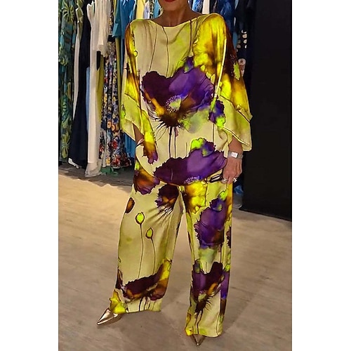 Da donna Taglia EU / US2 Pieces SetsModa Elegante Tuta Bolero Top Manica 3/4 Girocollo Floreale Stampato Abbigliamento quotidiano Nero Giallo Rosa Tutte le stagioni Vestibilità comoda