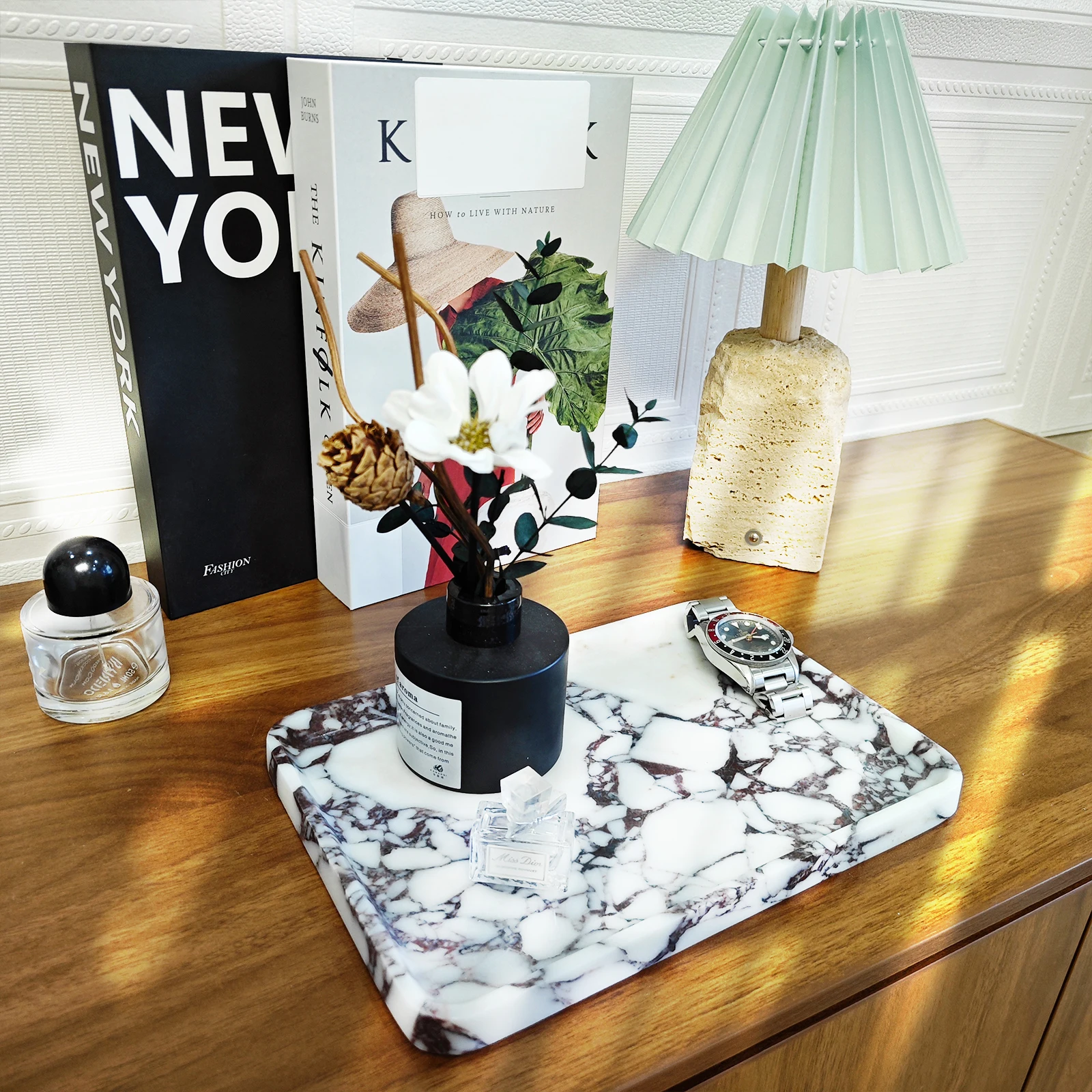 Marmortablett, 100 % Natursteintabletts für Waschtisch, Badezimmer, Küche, Parfüm, Kosmetik, Kaffee, Schmuck, rechteckige Schale