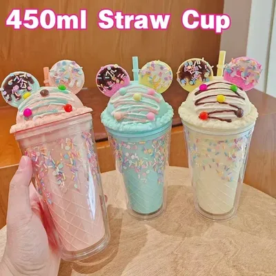 Cute Flash Powder Water Bottle Straw Cup for Girl Reusable Hard Kid Plastic Tumbler With lid Coffee Cup Drinkware Christmas Gift