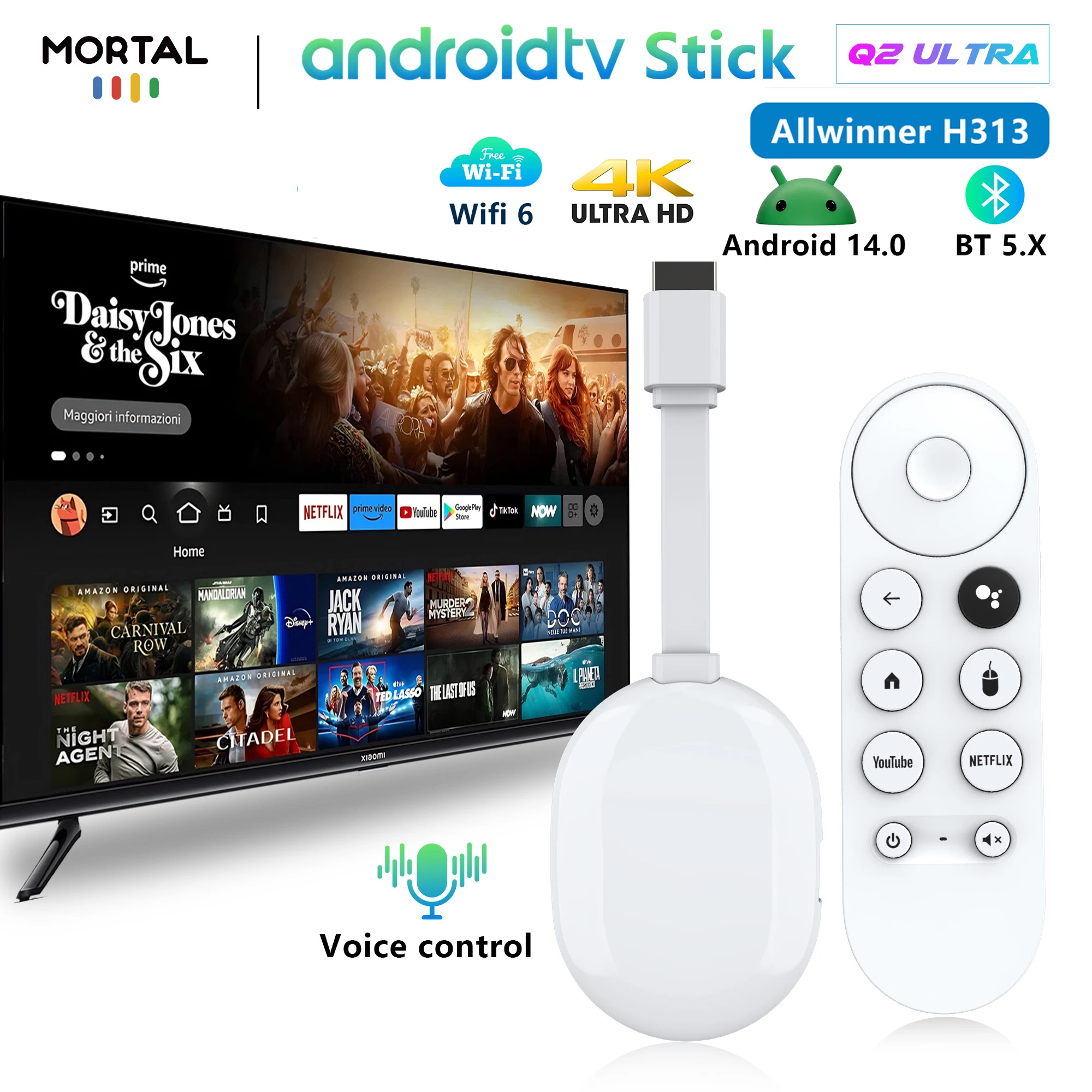 Android 14 TV-Stick Mortal Q2 Ultra Heimkino Allwinner H313 WiFi6 2.4G5G Bluetooth Netflix 4K@60fps 2G8G16G Streaming-Medien Image