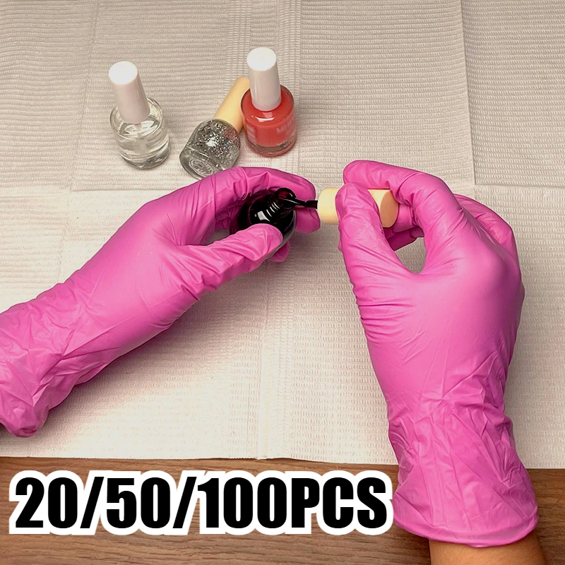 20/50/100 Stück Einweg-Nitrilhandschuhe, rosa Haushalts-, Küchen- und Badezimmer-Reinigungshandschuhe, geeignet für Tätowierungen und Nagelkunst Image