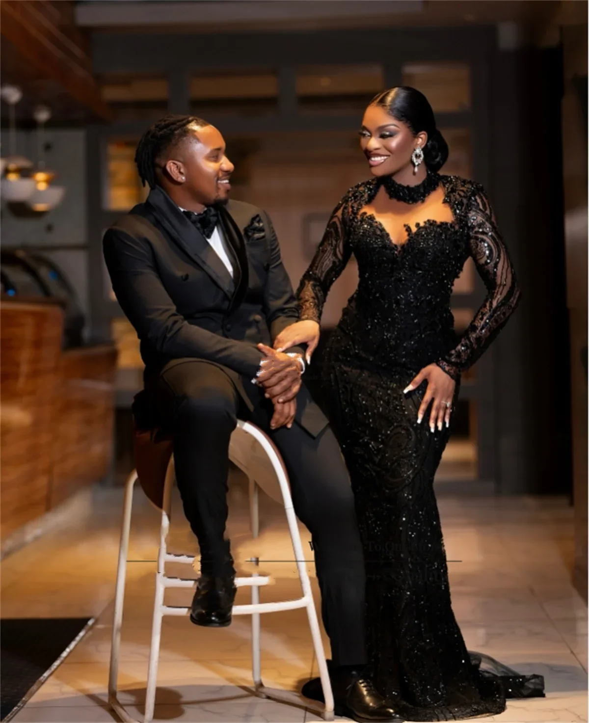 Maßgeschneiderte Luxus-Perlen-Meerjungfrau-Abschlussballkleider, Applikationen, Spitze, lange Ärmel, formelle Abendparty-Kleider, lange Roben de Soirée Image