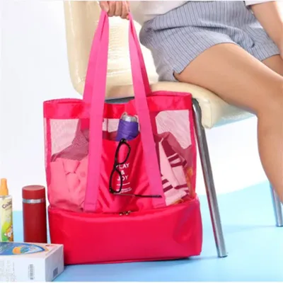 Mesh Transparent Insulated Storage Bag Double-layerHandheld Waterproof Wet Dry Separation Picnic Bags Tote Office Snacks Bags