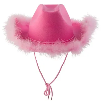 Mode Rosa Cowgirl Hut Flauschigen Feder Krempe Cowboy Hut Western Cowboy Hut für Bachelorette Party Image
