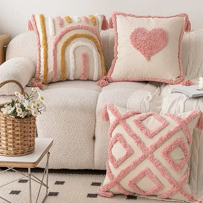 BUYNOW Rosa getuftete Liebe Regenbogen Raute Kissenbezug schöne böhmische Wohnzimmer Sofa Kissenbezug Home Schlafzimmer Kissenbezug Dekor Image