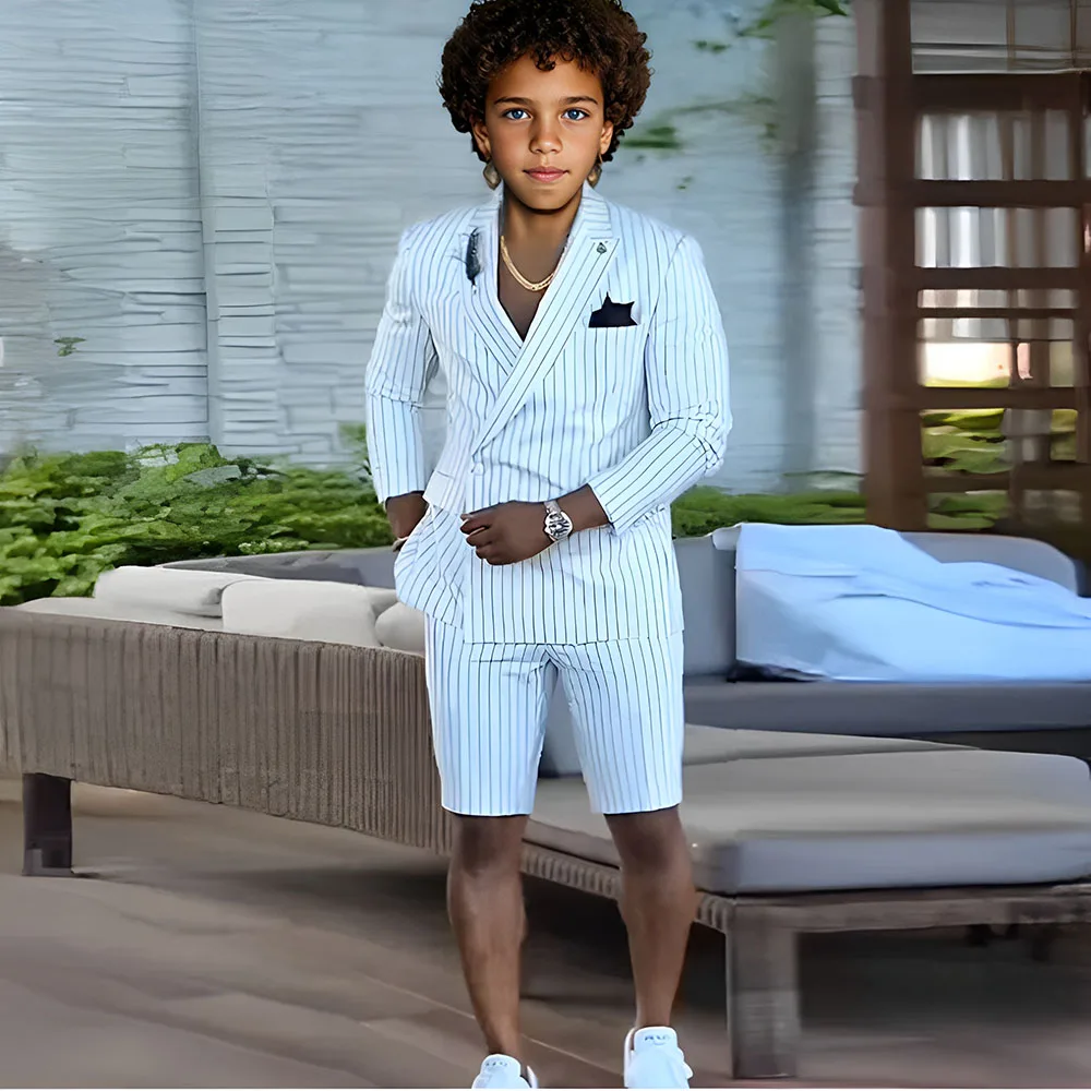 Weißer Streifen-Jungenanzug, 2-teiliger Anzug, Hochzeit, Smoking, Jacke, Hose, Kinder-Blazer, zweireihige Jacke, 2–16 Jahre Image