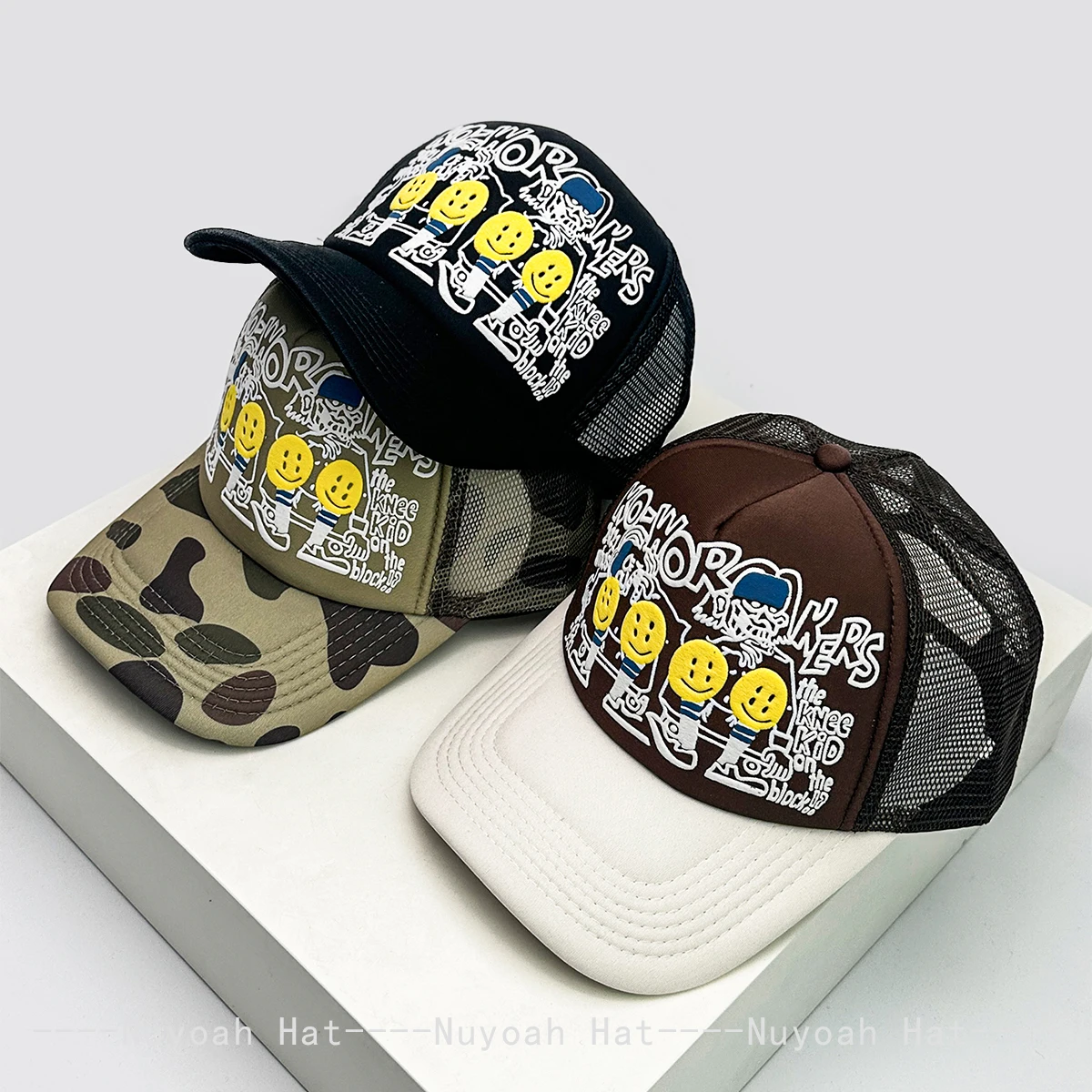 3D-gedruckter Buchstabe, lächelndes Gesicht, Baseballmützen, Farbblock-Sonnenschutz, neue Unisex-Hip-Hop-Trucker-Kappen, atmungsaktiv, vielseitig einsetzbar