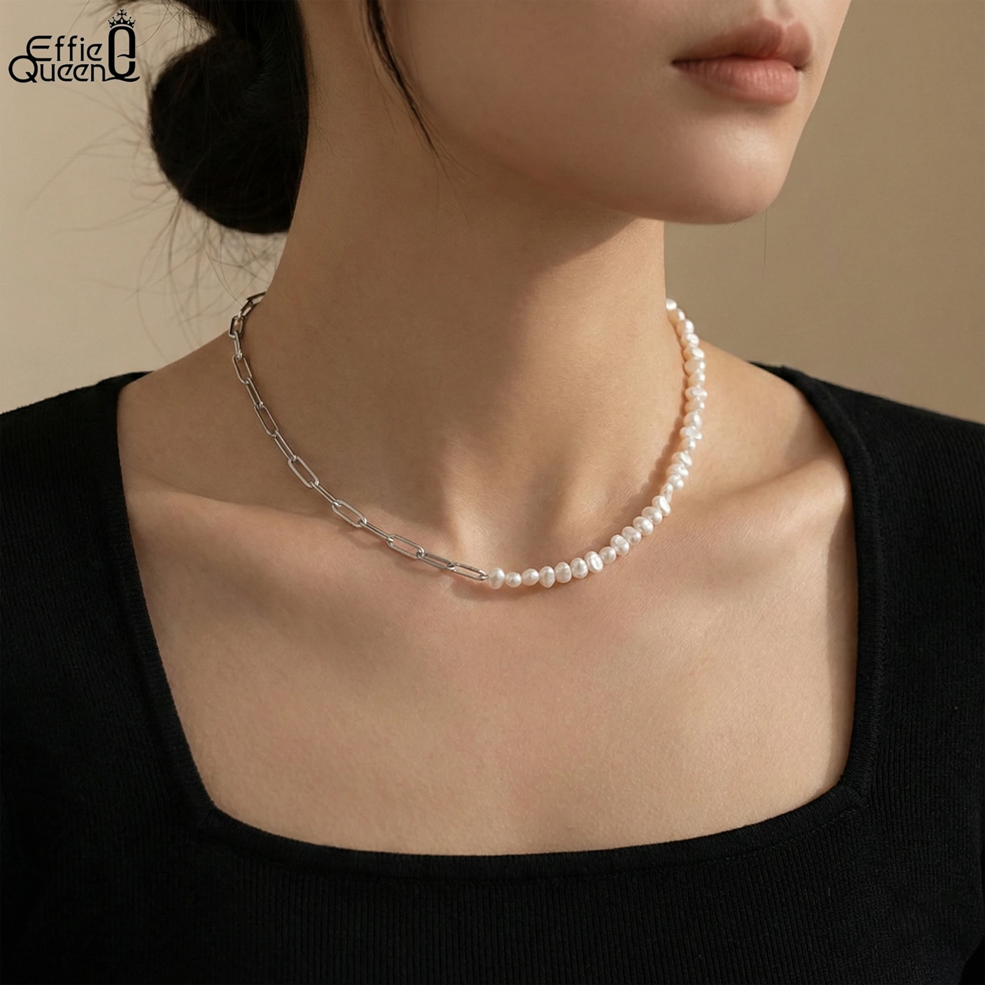 EFFIE QUEEN 925 Sterling Silber Elegant 14 Karat Gold Natürliche Süßwasserperlen Halsband Halskette Büroklammer Kette Strang Geschenk GPN13 Image