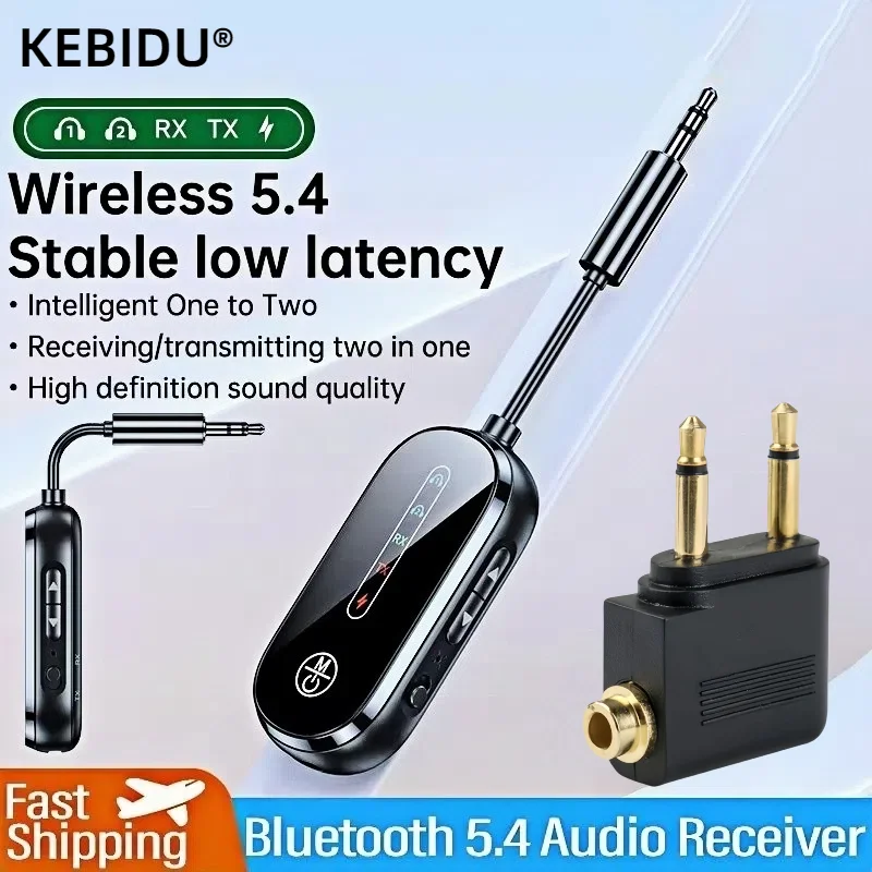 2-in-1 Bluetooth 5.4 Audio Sender Empfänger 3,5 mm AUX Jack Flugzeug Wireless Adapter Mikrofon für TV Car Kit Lautsprecher PC Kopfhörer Image
