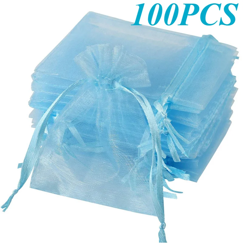 100 Stück blaue Organzabeutel, Netz-Organza, Schmuckbeutel mit Kordelzug, kleine Kordelzug-Geschenkbeutel, Weihnachten, Süßigkeiten, Hochzeit, Geburtstag Image