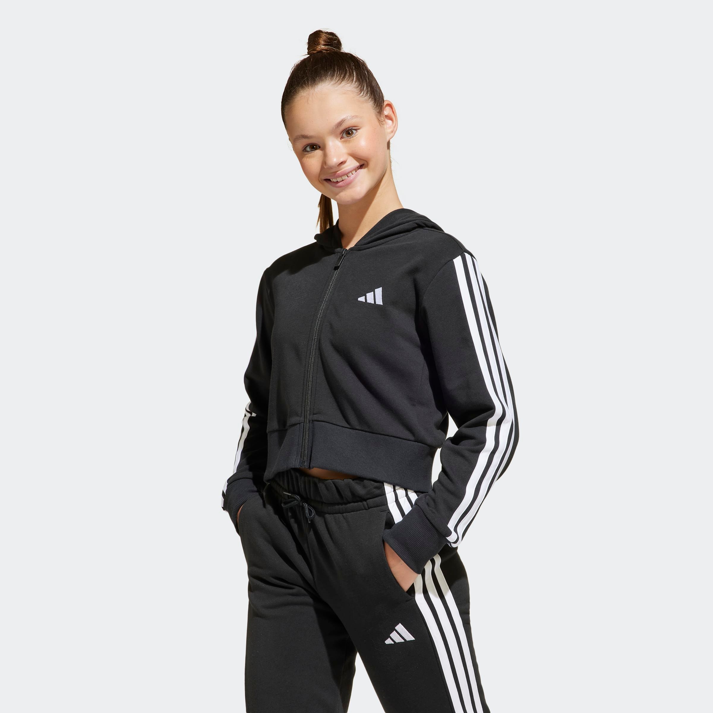 Kapuzensweatshirt ADIDAS SPORTSWEAR "JG 3S FT FZ CRO", Kinder, Gr. 128, schwarz-weiß (schwarz, weiß), Obermaterial: 70% Baumwolle, 30% Polyester, Sportlich, Sweatshirts Image