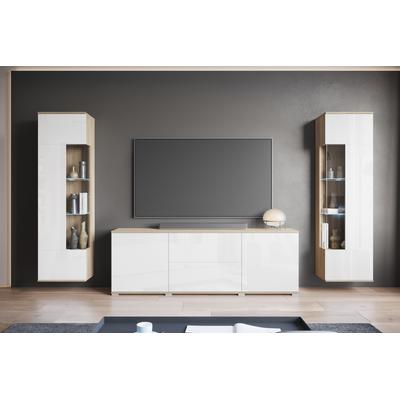 Wohnwand INOSIGN "KENIA", eiche sonoma, weiß hochglanz, B:270cm H:161cm T:34cm, Kastenmöbel-Sets, Vitrinen mit Eckverglasung, hängend und stehend montierbar Image