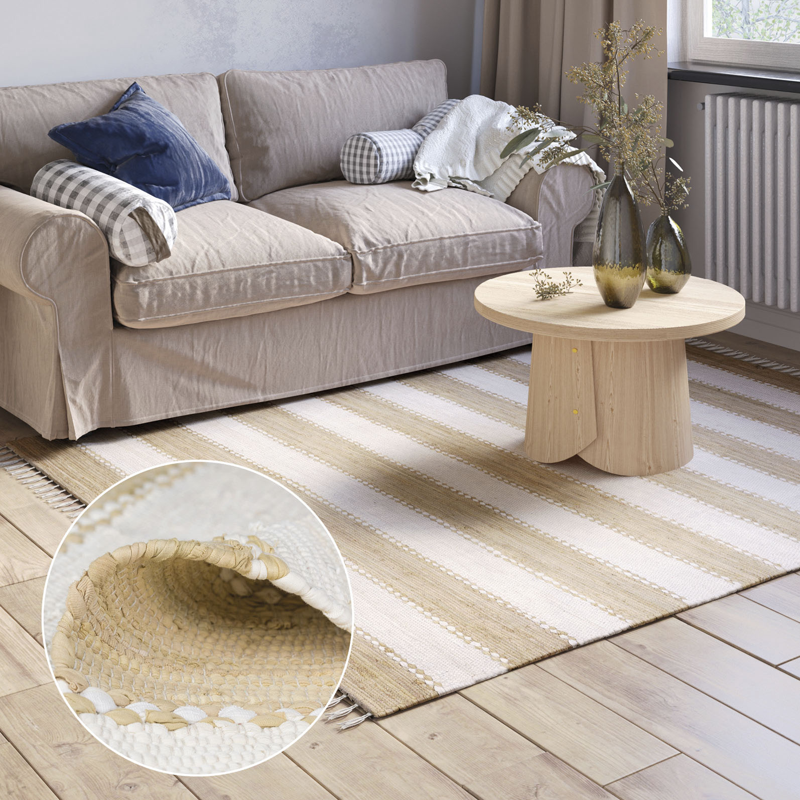 Teppich "Karim", beige (beige, weiß), B:160cm H:10mm L:230cm, Baumwolle, Polyester, MYFLAIR MÖBEL & ACCESSOIRES, Teppiche, Fransenteppich, Handweb Teppich, gestreift, 90% Baumwolle, handgewebt, mit Fransen Image