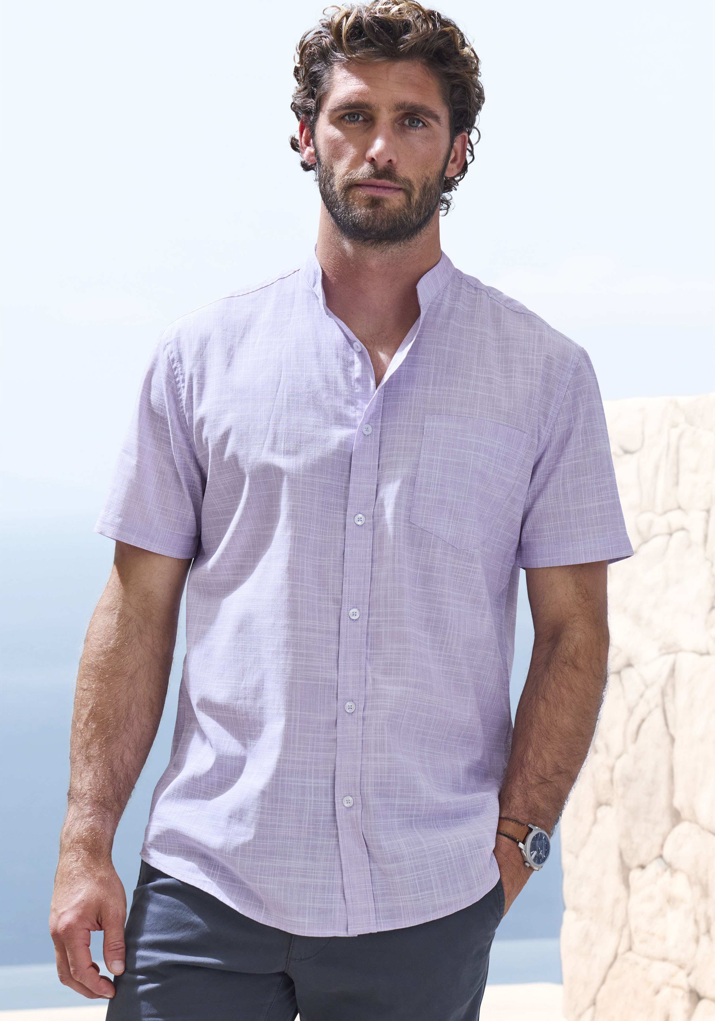 Kurzarmhemd H.I.S, Herren, Gr. M (39/40), N-Gr, lila, Web, Obermaterial: 100% Baumwolle, unifarben, regular fit, Rundhals, abgesteppte Kante, Hemden, Regular Fit, Stehkragenhemd mit Brusttasche, reine Baumwolle