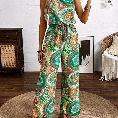 TEMU Casual Vacation Ethnic Style Sleeveless Women's Jumpsuit With Circular Print Image