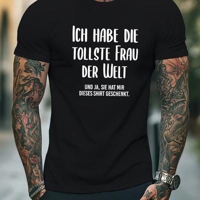 "TEMU Men's Casual Letter Print Crew Neck Short Sleeve T-shirt - Comfortable Summer Wear With "ich Habe Die Tolste Der Welt" Design, Everyday Home Or Outdoor Activities" Image