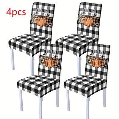 TEMU Open 2/4/6pcs Autumn Pumpkin Black And White Grid Slicky Fiber Fabric Printed Stretchable Washable Soft Comfortable Chair Covers For Thanksgiving, Decor, Dining Room, Living Room, Home Decoration Image