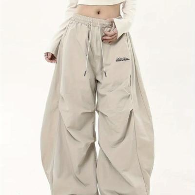 TEMU Y2k Women's High-waisted Jogger Pants With Adjustable Drawstring Waist - Straight-leg Loose Fit Casual Trousers, Beige Machine-washable , Jogging Pants, Everyday Image