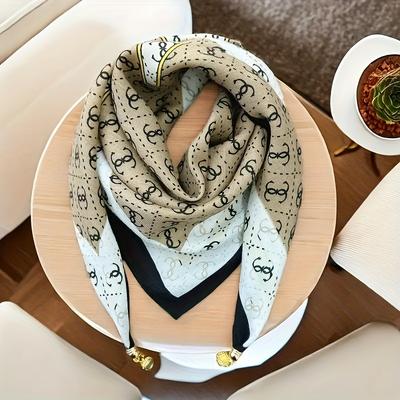 TEMU Elegant Floral Square Scarf With Magnetic - Soft Polyester, Red & Pink Floral Print, Women , Autumn & Winter | Versatile Accessory For Casual Outfits Or As A Thoughtful Gift, Floral Image