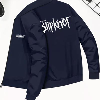 "TEMU Men's Slim Jacket With "slipknot" Print - Casual Zip-up Track & Active Jacket, Stand Collar, Pockets, Polyester, Fall/winter Streetwear, Jacket" Image