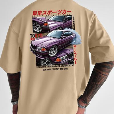 TEMU Men's Loose Fit Street Style Graphic T-shirt - Purple Racing , Crew Neck, Summer Casual Wear, Machine Washable, Casual Adult Clothing | Racing Car Print | Comfortable Wear Image